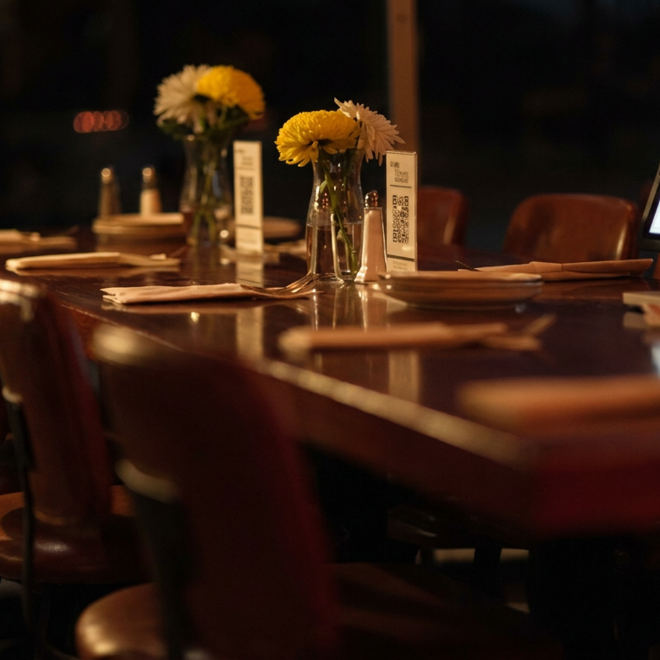Warmly lit restaurant dining table set with napkins, flower vases, leather chairs, and a reserved sign.