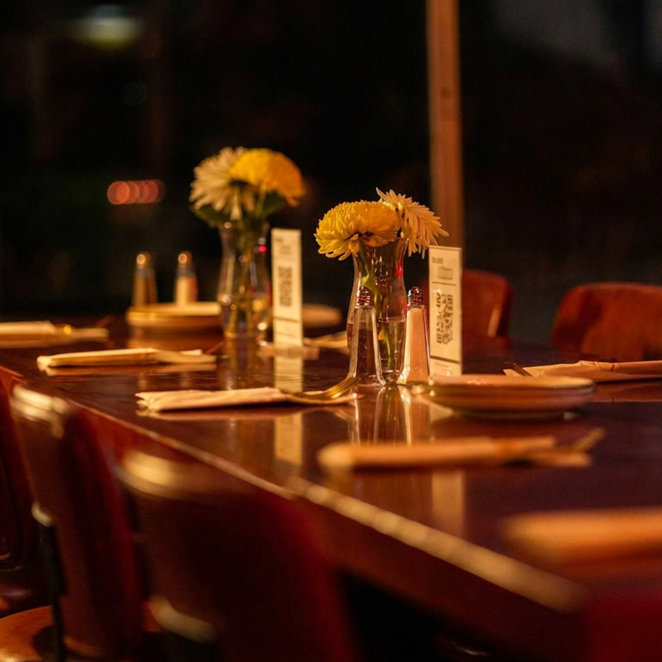 Warmly lit restaurant table set with plates, chopsticks, yellow flowers, and a tablet displaying “Reserved.”