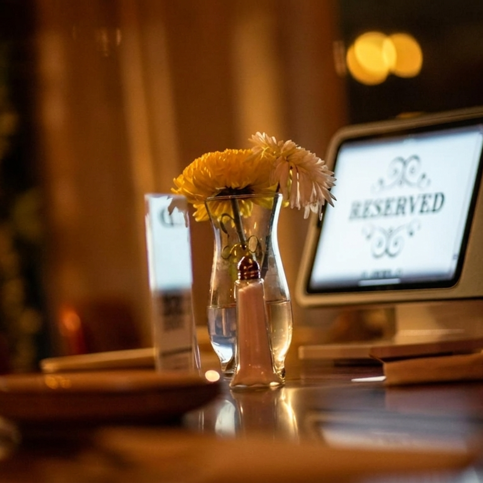 Warmly lit restaurant table with flowers in a vase, place settings, and a digital reserved sign.